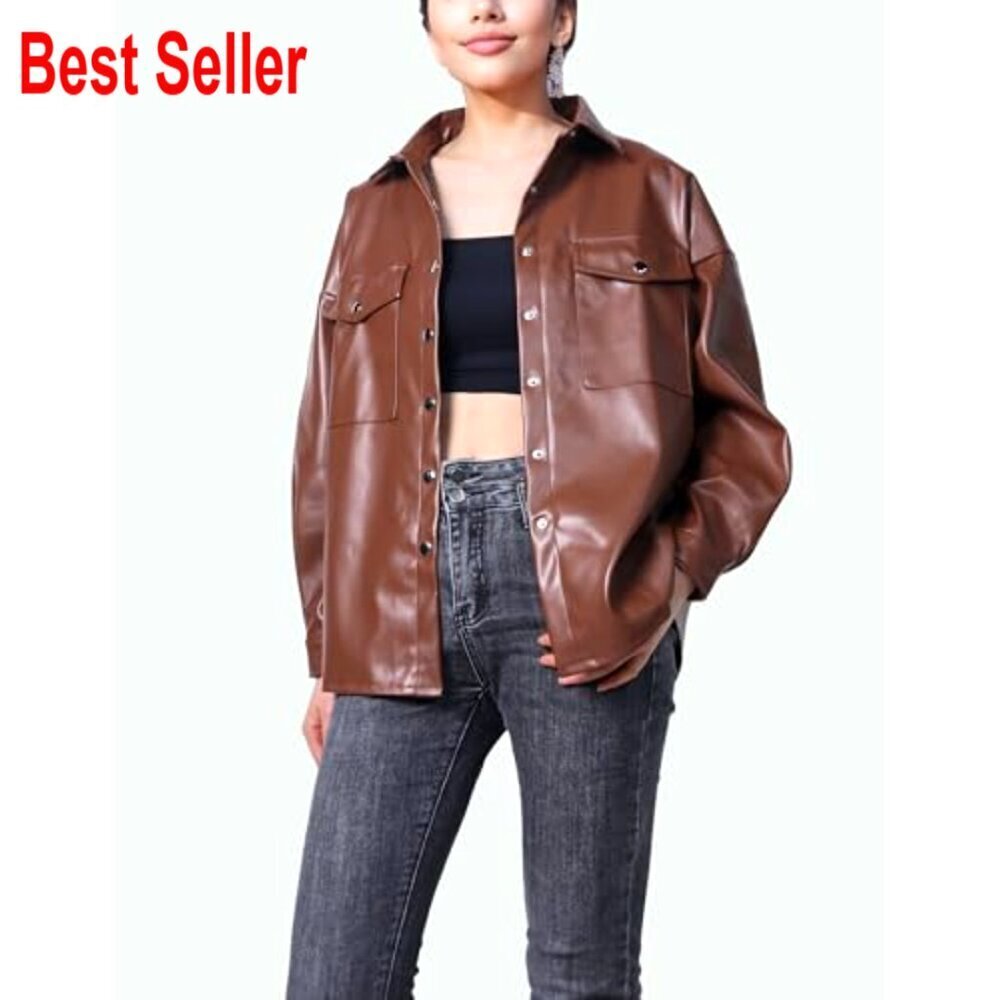 PU Leather Shacket Button Down Lapel Blazer Coat with Bust Pocket - Picture 4 of 7